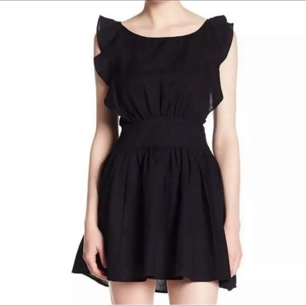 Free People Erin Ruffle Backless With Bow Tie Detail Mini Dress XS Black Cotton